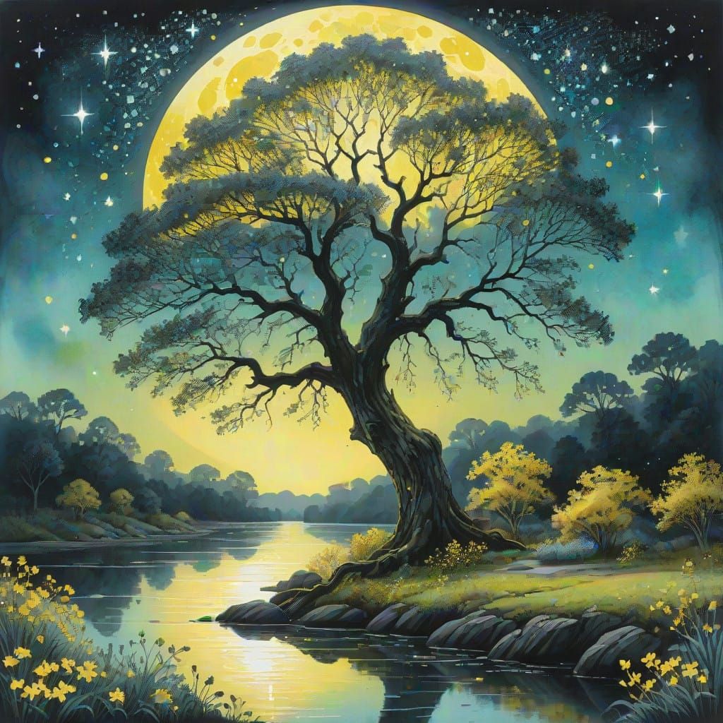 (1 perfectly round silver-yellow moon)  shines over ancient twisted oak tree next to reflective river.
