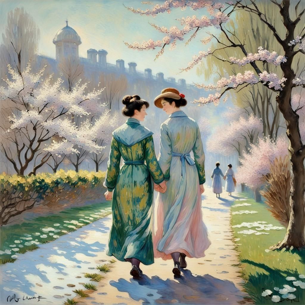Art by Claude Monet, Impressionist awakening of spring, lesb...