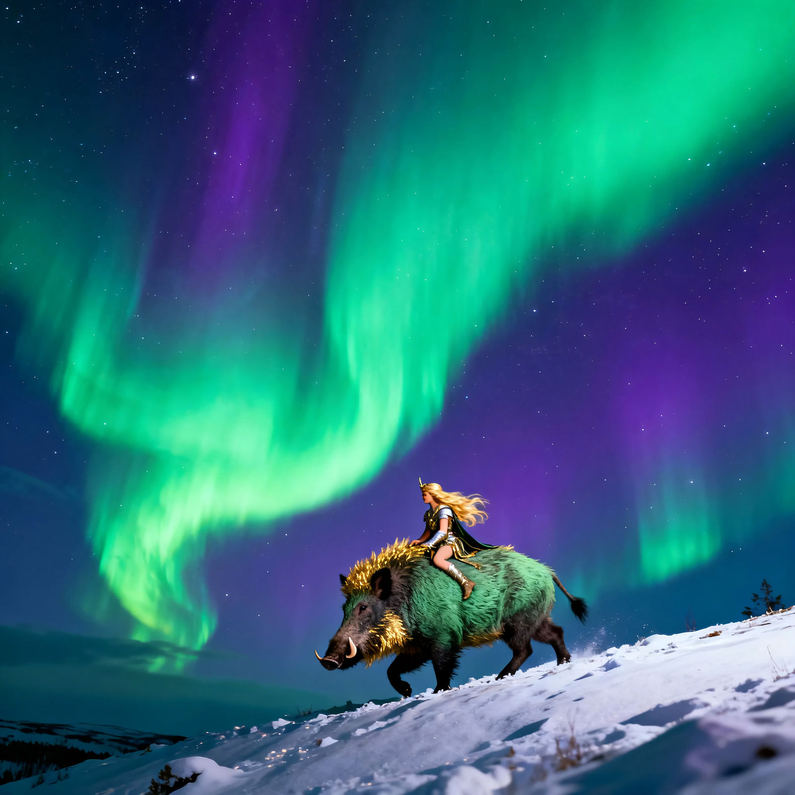 Freyja riding Hildisvini