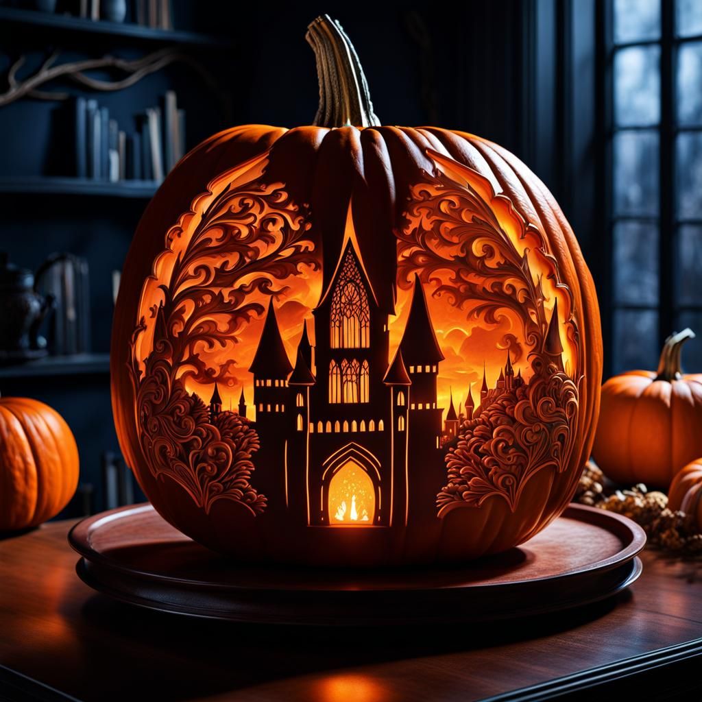 Gothic castle carved into a pumpkin  by @Magpie Moon