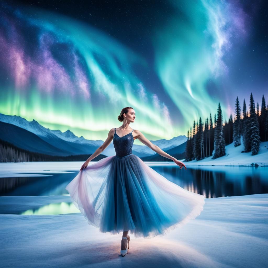 Dancer in smoke dress, lake, aurora borealis