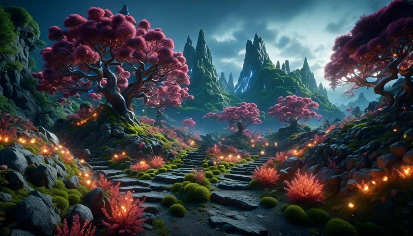 <lora:Multi-Genre Fusion:1.0> A magical landscape filled with glowing crystallized plant-life and various trees made from stone. Hyperdetail...