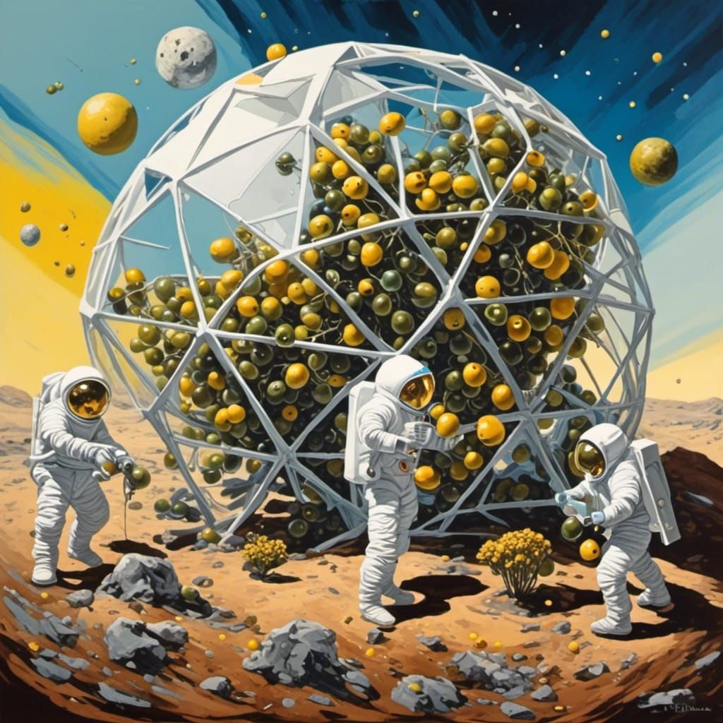 <lora:Olive Oil:1.0> Three men in spacesuits tending to olives in a geodesic dome of the atmosphere on the moon 