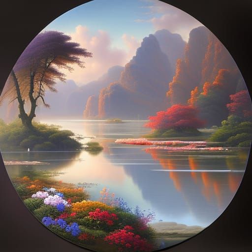 On disk plate painted a beautiful scene of a flower forest w...