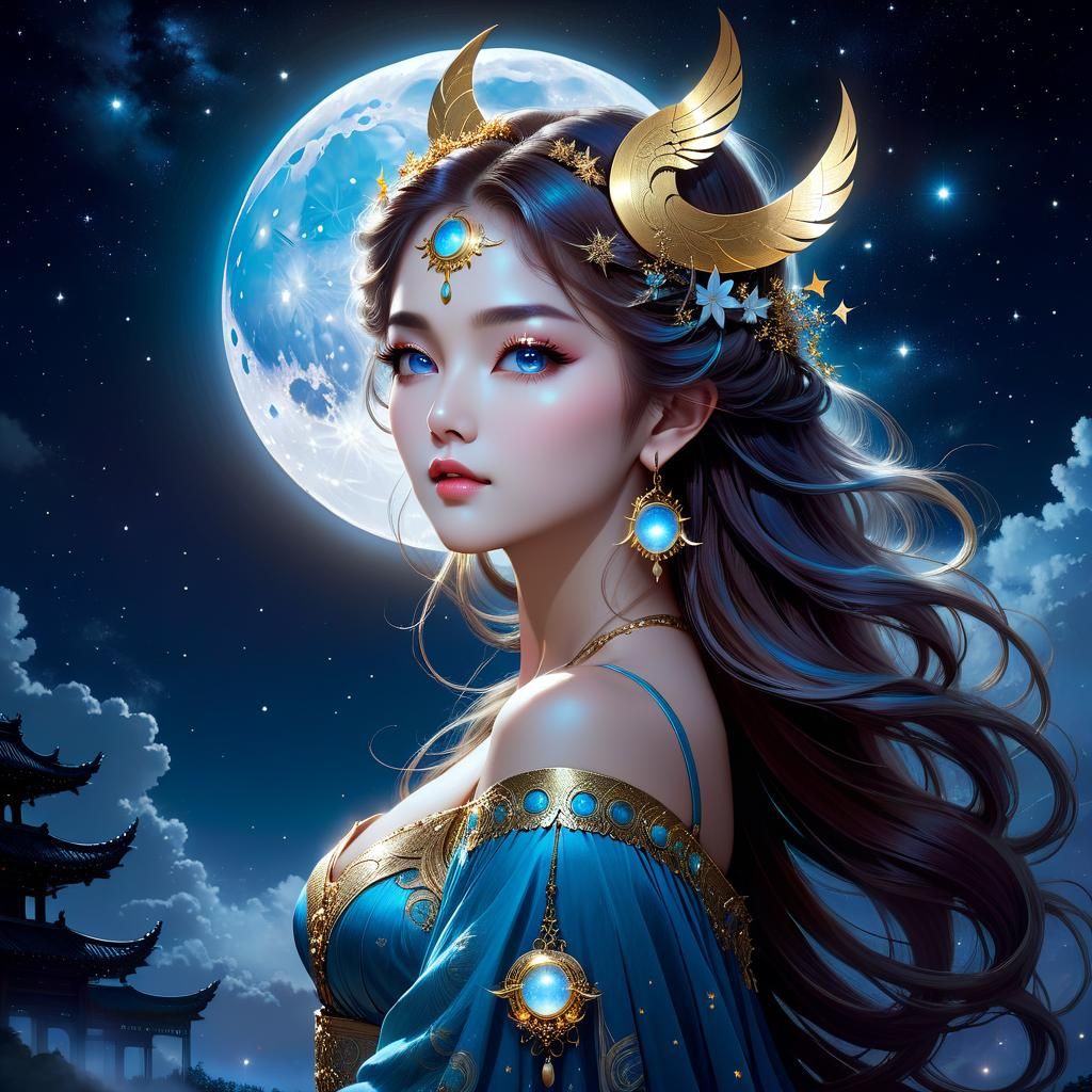 PORTRAIT OF A beautiful celestial moon goddess in the moonlight ...