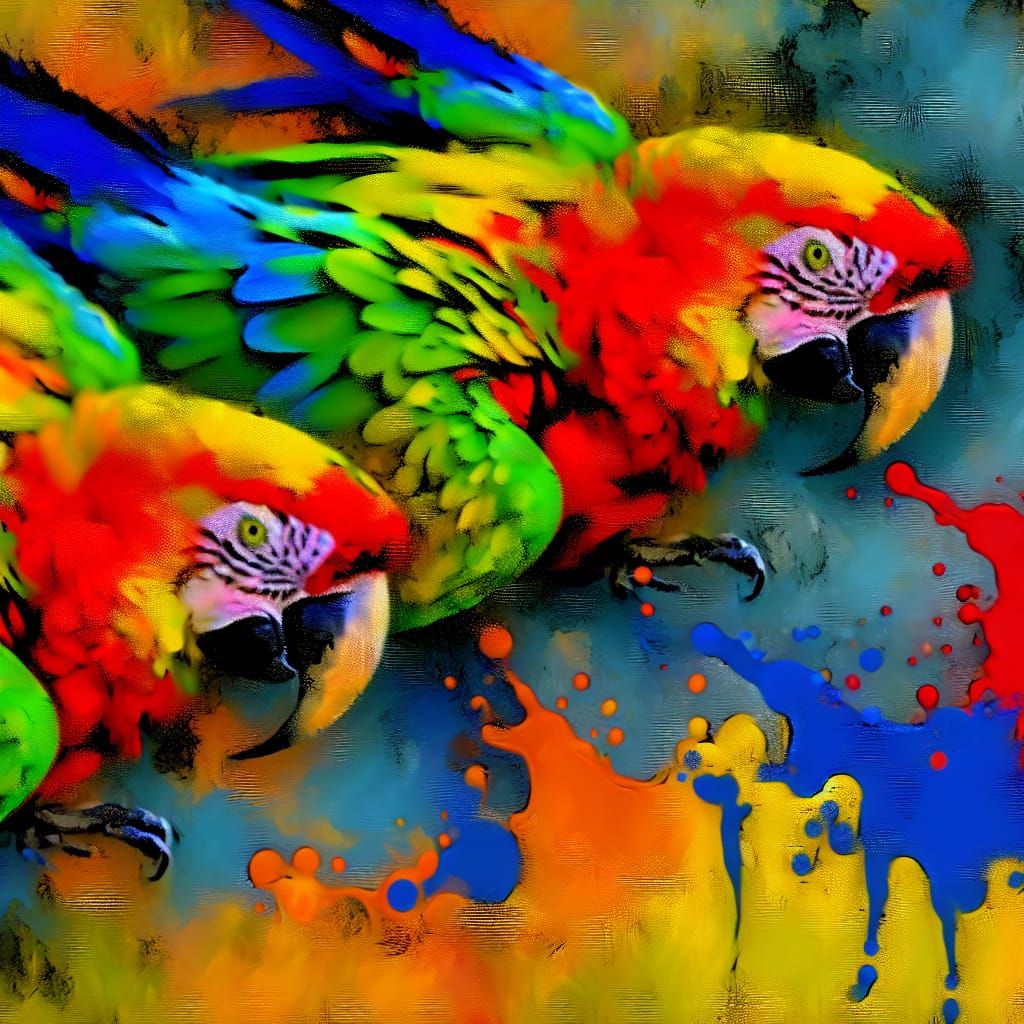 Colorful parrots, abstract art complementary colors fine det...