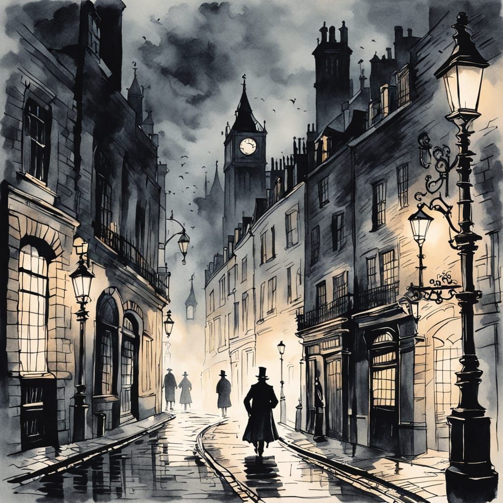 Foggy London Streets at Dusk, Gothic Noir Style