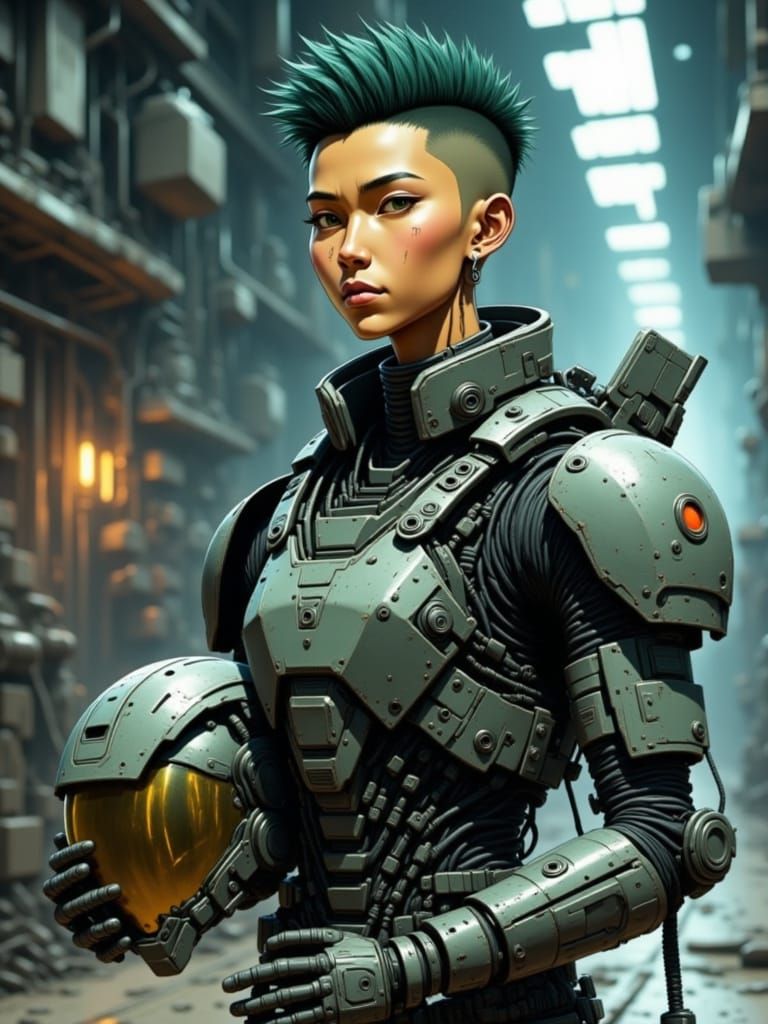 A realistic sci-fi digital painting of a young male Battle Armor pilot standing in an industrial hangar bay. He is wearing bulky, weathered,...