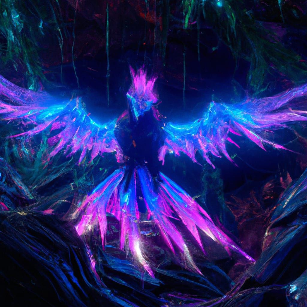 Purple phoenix apparition in gloomy jungle fluorescent miner...