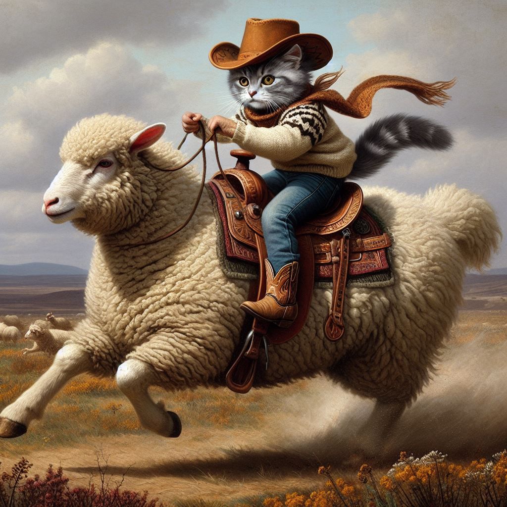 Sheriff cat gallopping the prairie.