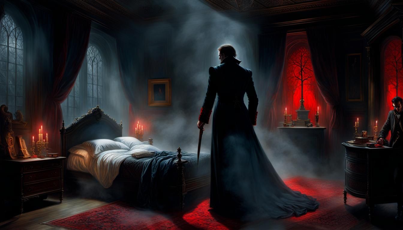 Terrifying shadow vampire, violent, red eyes, attacking men. 1800s bedroom. Oil painting, ethereal, fantasy, ...  by @David Cameron Law