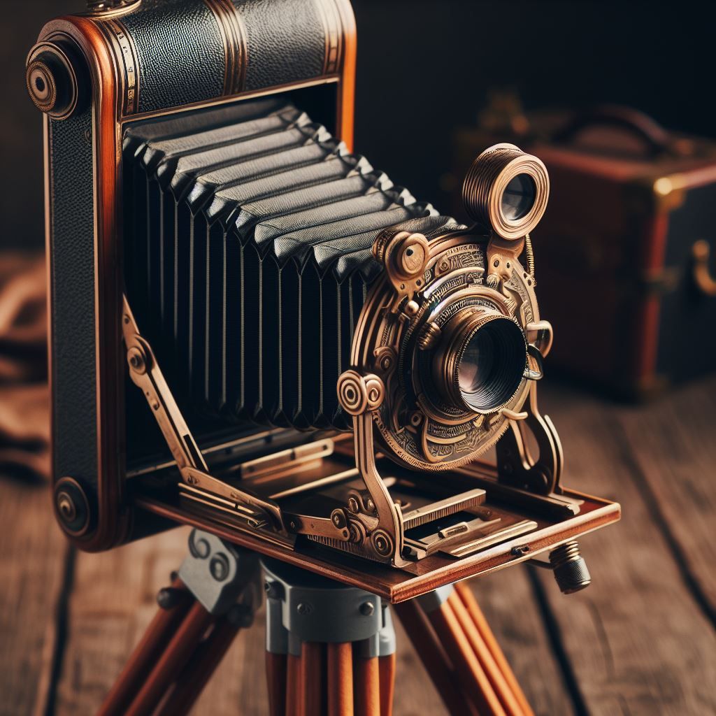 antique bellows camera mounted on a tripod
