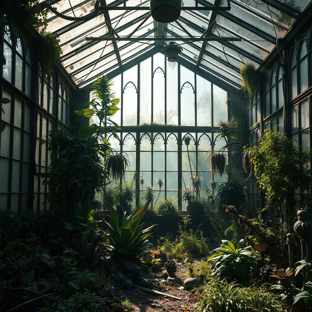 An abandoned, overgrown Victorian greenhouse, reclaimed by nature and filled with strange, mutated flora. Sunlight filters through the dusty...
