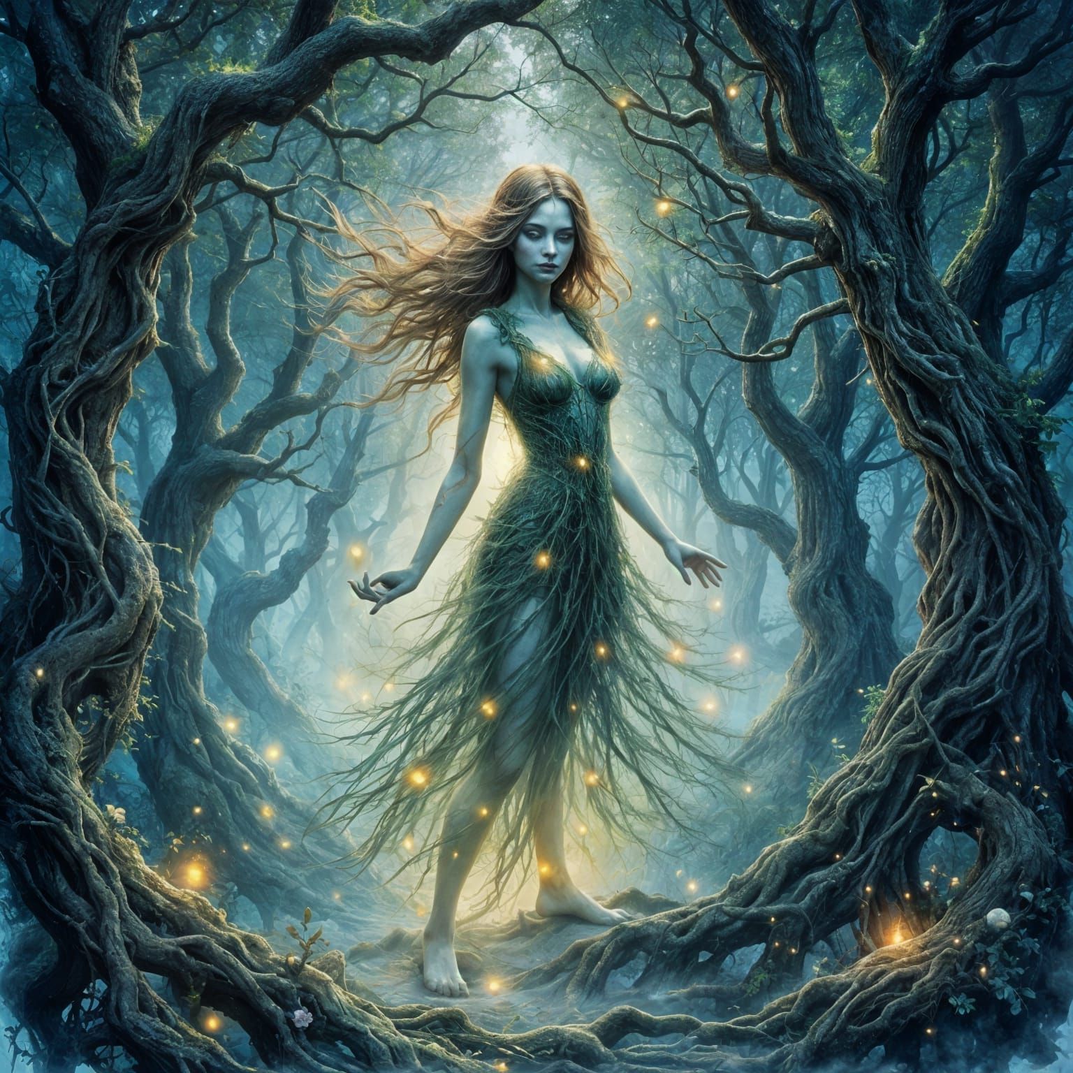 A spectral spirit woman emerges from the ancient forest at twilight. (1)