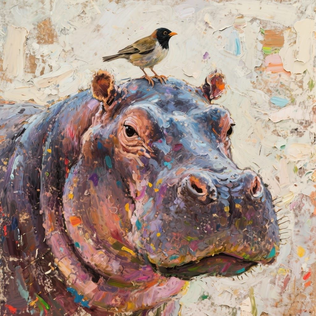Hippopotamus and Bird