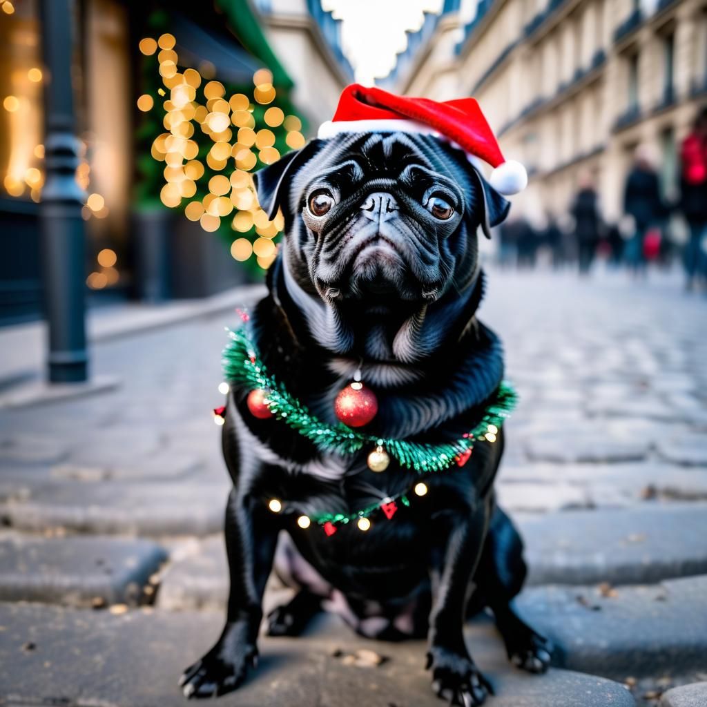 Happy black pug celebrating christmas holidays in paris