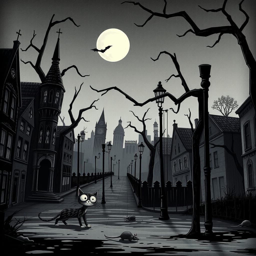 Tim Burton style. Medium shot. A gothic cityscape with decaying buildings and twisted, skeletal trees ...  by @Nathan Bundick