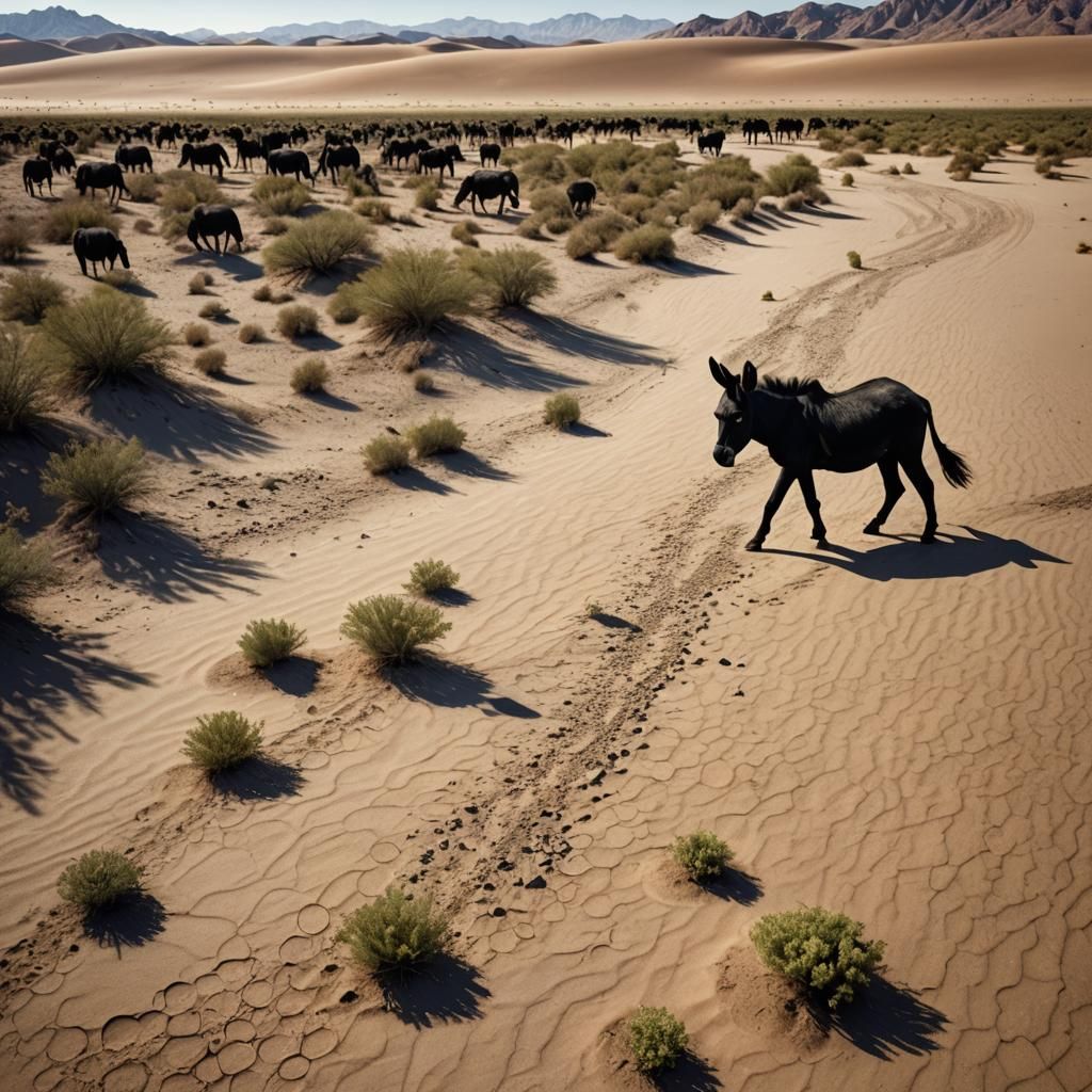 Black Donkey in Desert Chased by Frogs