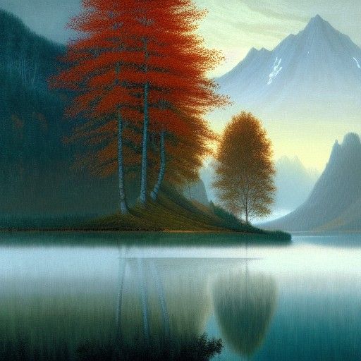 Mountain with lake and trees in autumn Bob Ross style