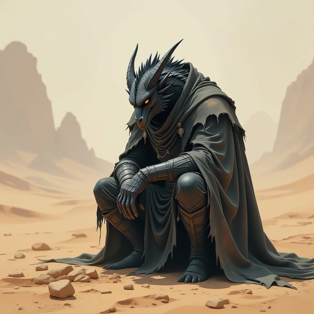 A male dragonborn worshiping water at a desert oasis that has dried out, the dragonborn is old and weak, wearing a tattered cloak covers in ...