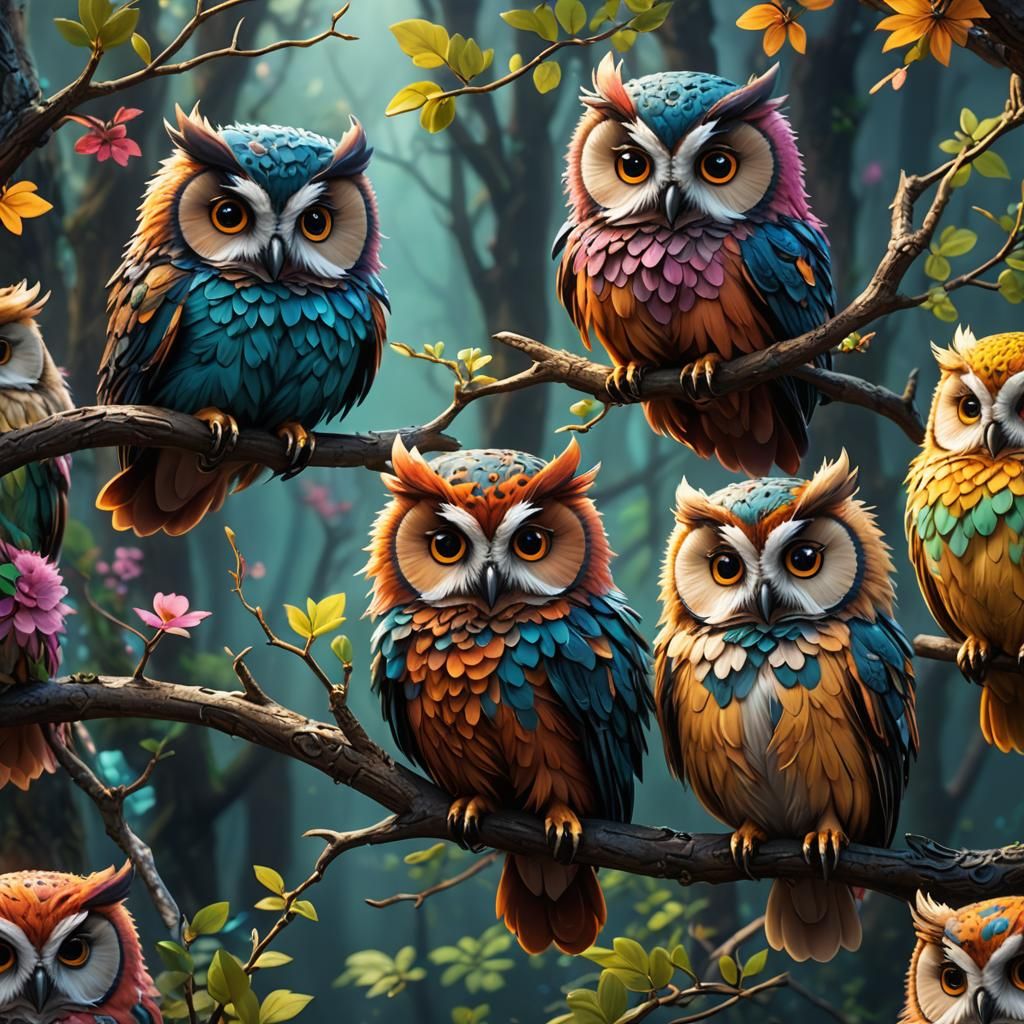 3 cute colorful fluffy owls sitting on a branch.