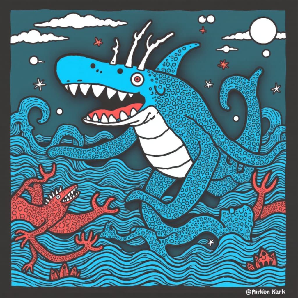 <lora:SQUIGGLE SEA:1.0> Shark frenzy