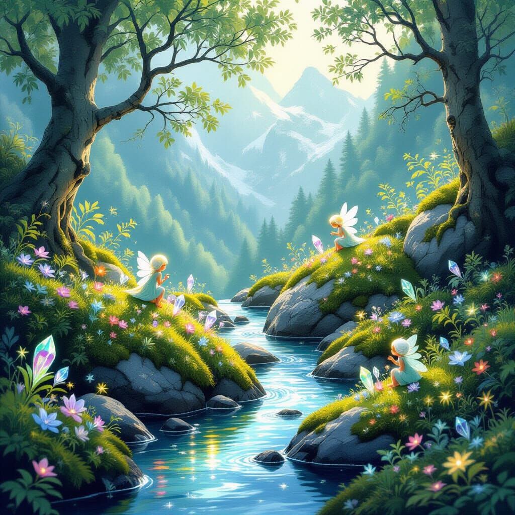 Swiss Alps daily challenge. Highly creative. A whimsical, enchanted forest scene set high in the Swiss Alps, where tiny, glowing sprites ten...