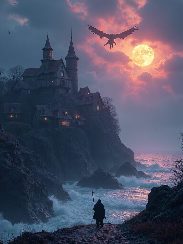 A dark sinister looking little village built along a winding Coast, the Moon is in the clouds and to see is breaking hard, a dragon flying o...