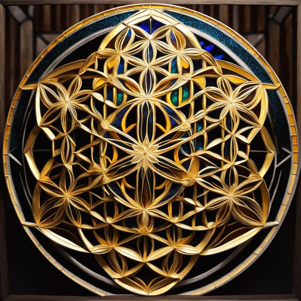 flower of life in golden and luminous stained glass art deco 3d very ...