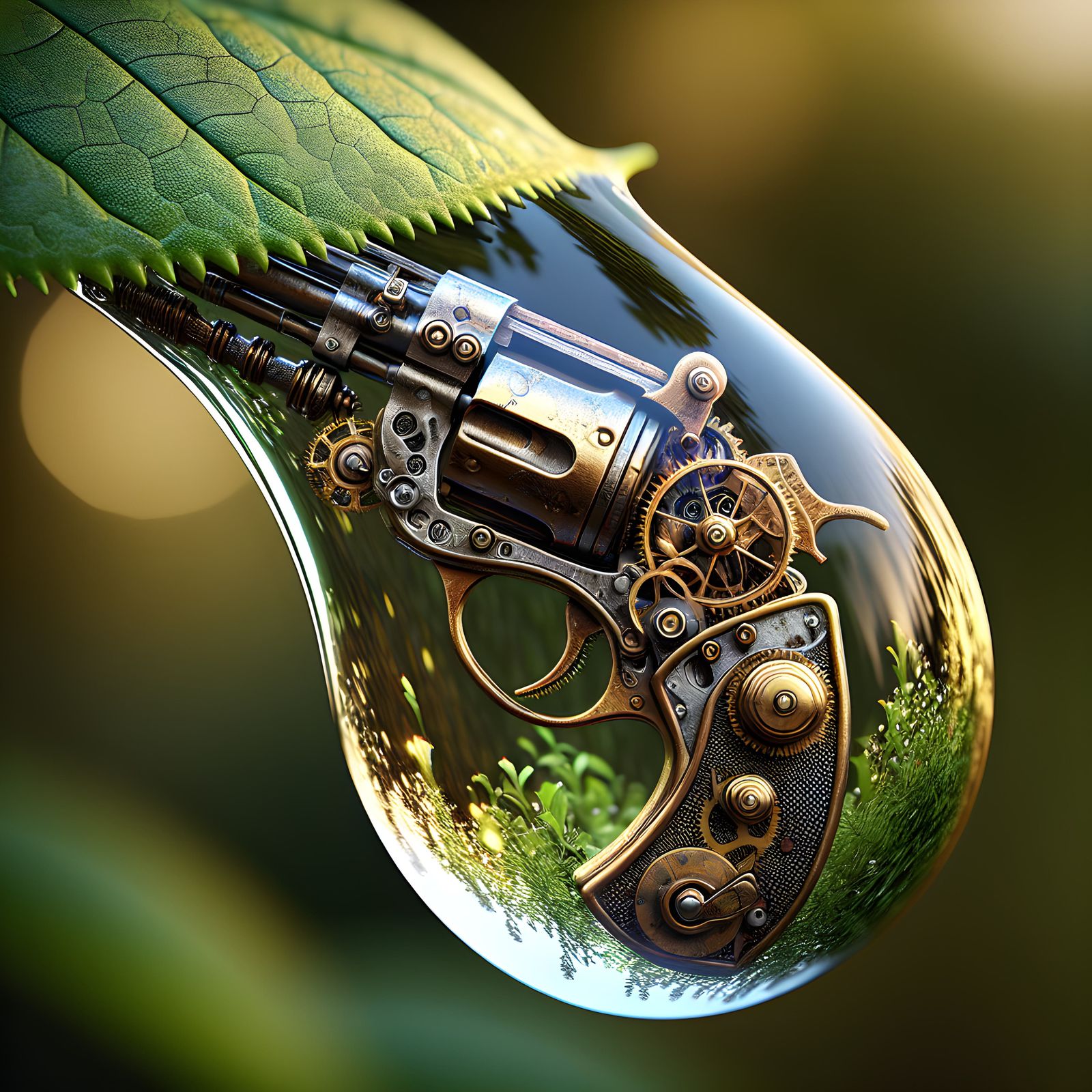 Steampunk revolver in a waterdrop