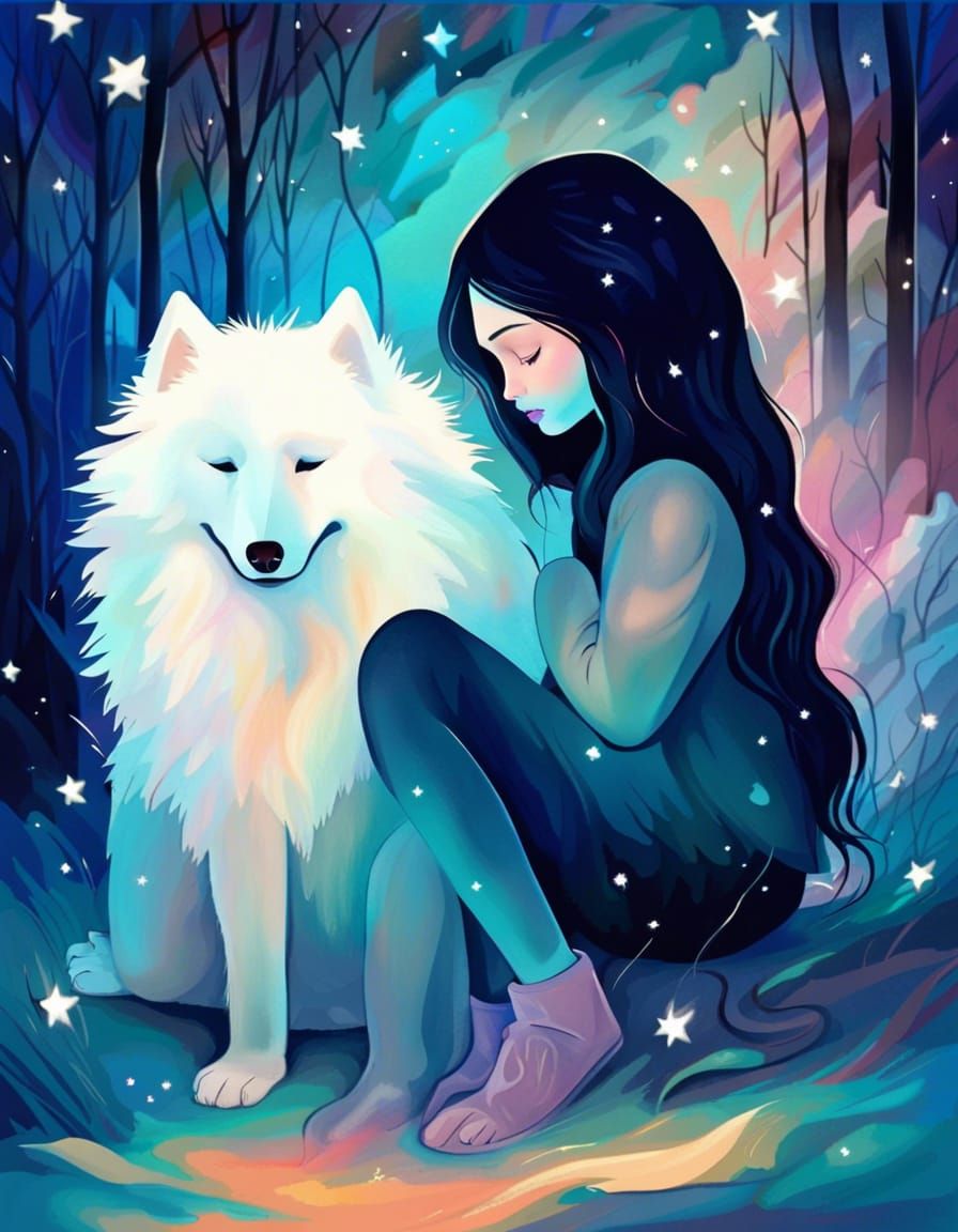 Sad Brunette with Samoyed Under Aurora Sky