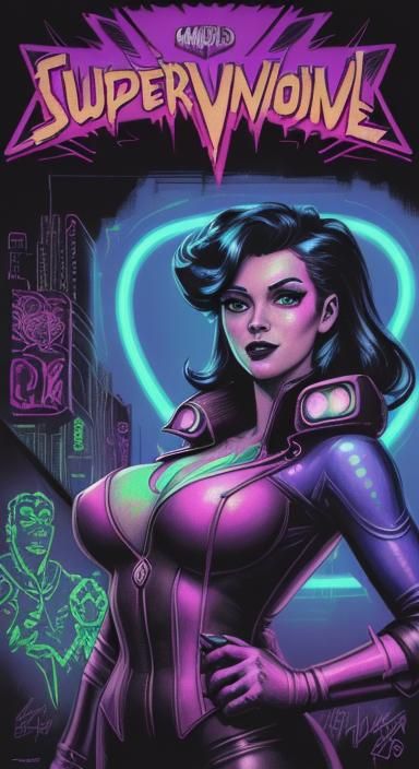 Super Hero, pinup, synthwave, neon, retro, cyberpunk, steamp...
