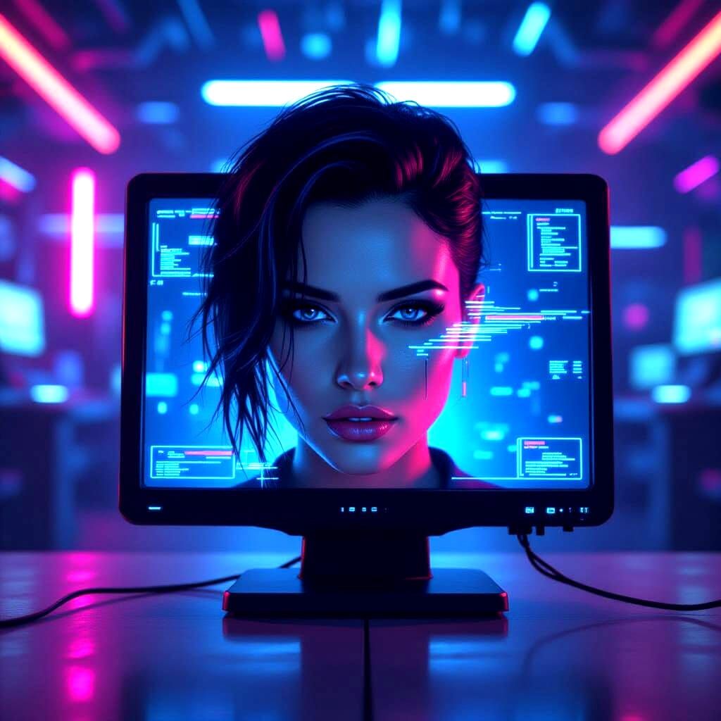 Super glitch and static face on a viewscreen with computer banks in the background.