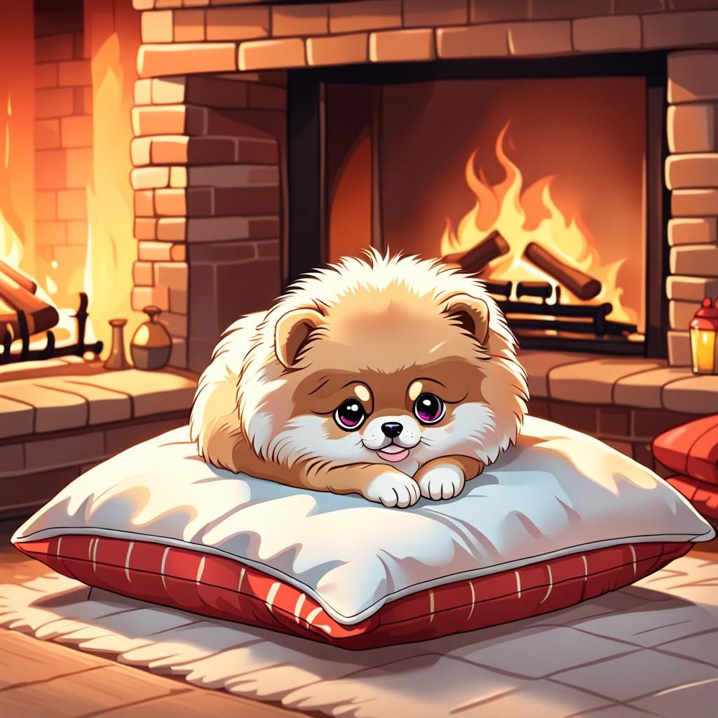 A small cartoon curled up cute pomeranian puppy on a pillow ...