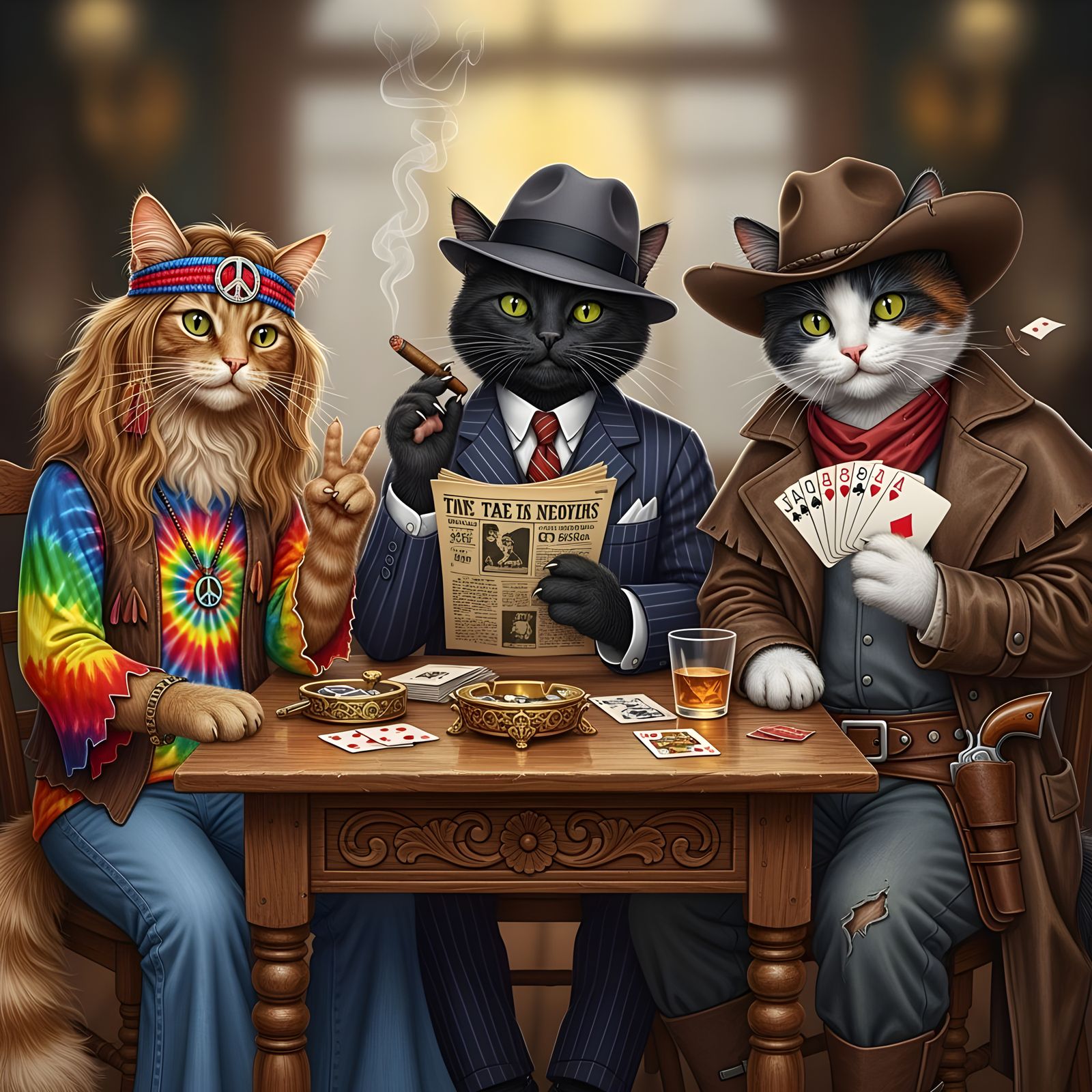 Three cats sitting at a table dressed in their time frame. One cat is dressed like a hippie with long hair, a headband w...