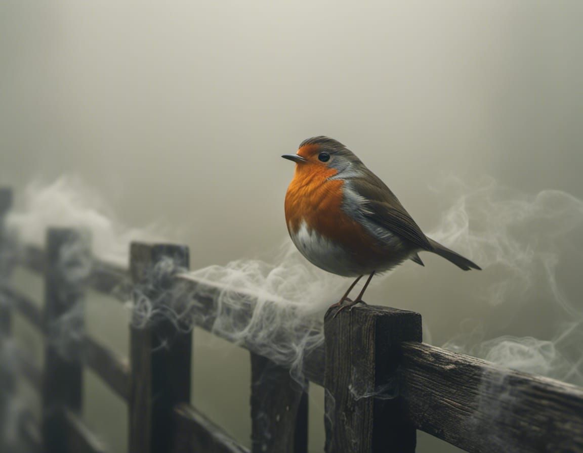<lora:Smokescreen:1.0>Robin redbreast bird, sitting on a wooden fence, swirling fog around