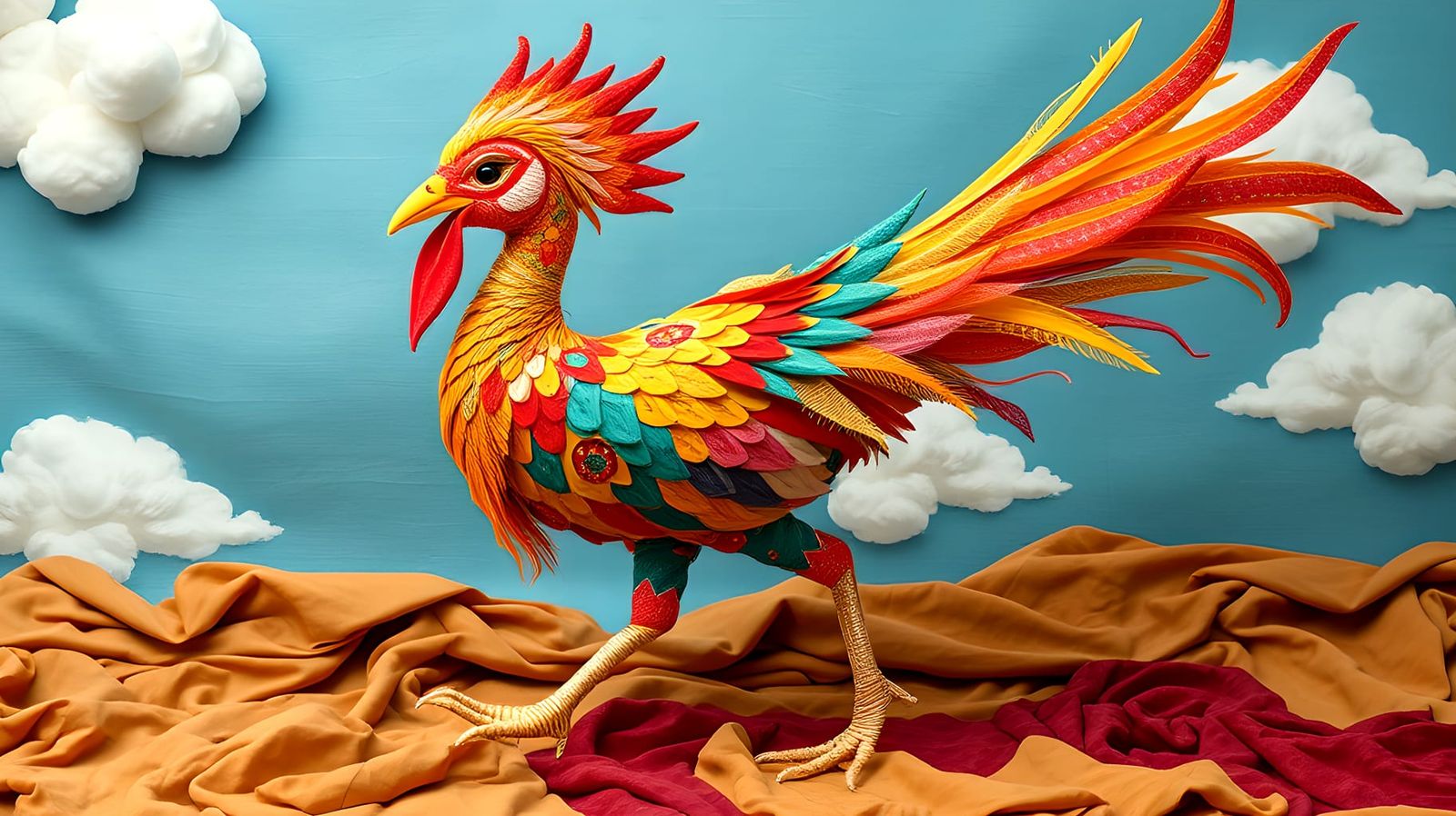 Chinese Folklore Fabric Fenghuang with Fabulous Flight Feathers