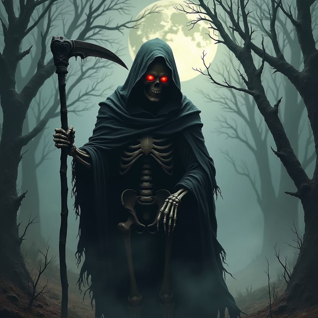 skeleton in dark black cloak with glowing red eyes holding big black scythe in a dark scary forest with ...  by @undefined