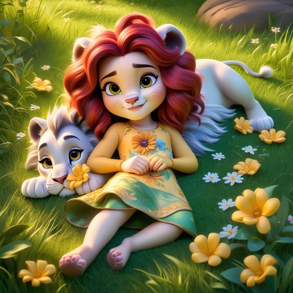 full body image of a Disney Pixar 3D girl like a lion, layin...