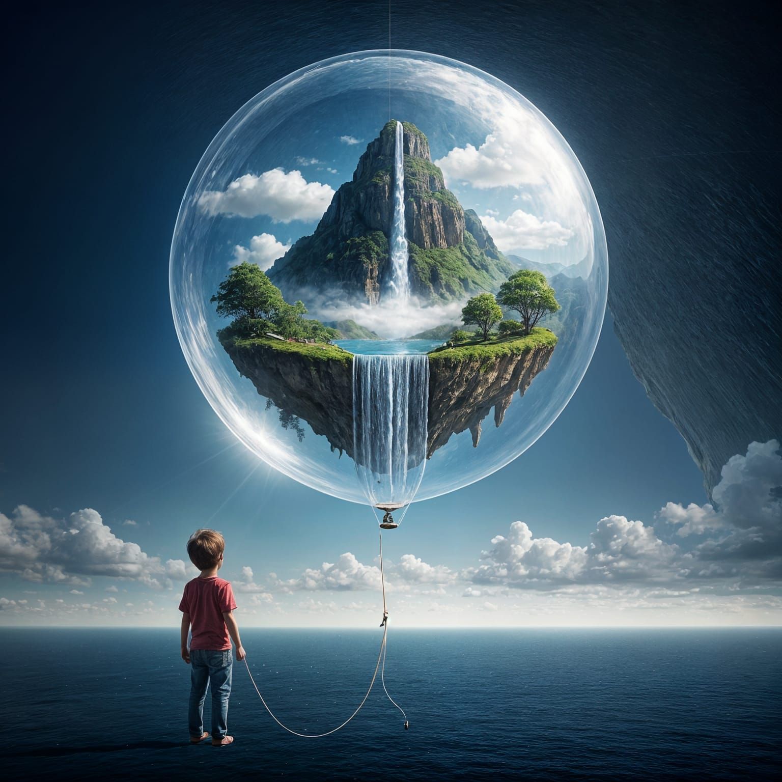 Inside a transparent balloon there is a flying island with a mountain waterfall. Water from the waterfall ...  by @Likvi