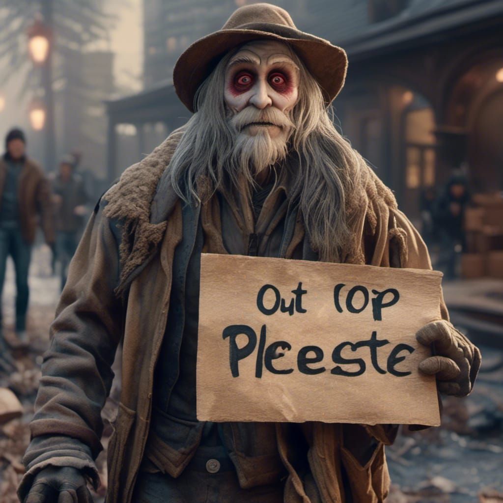 <lora:Dolly:1.0> A hyperdetailed hyperrealism dirty homeless...