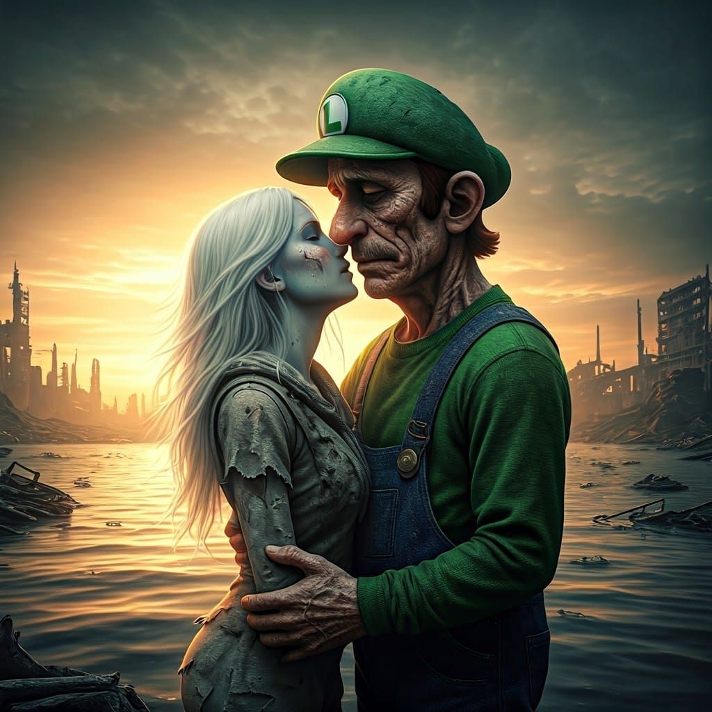 mario fanfiction video game character Tippi/Lady timpani  and Mario standing in desolate landscape with shattered remains and debris-filled...