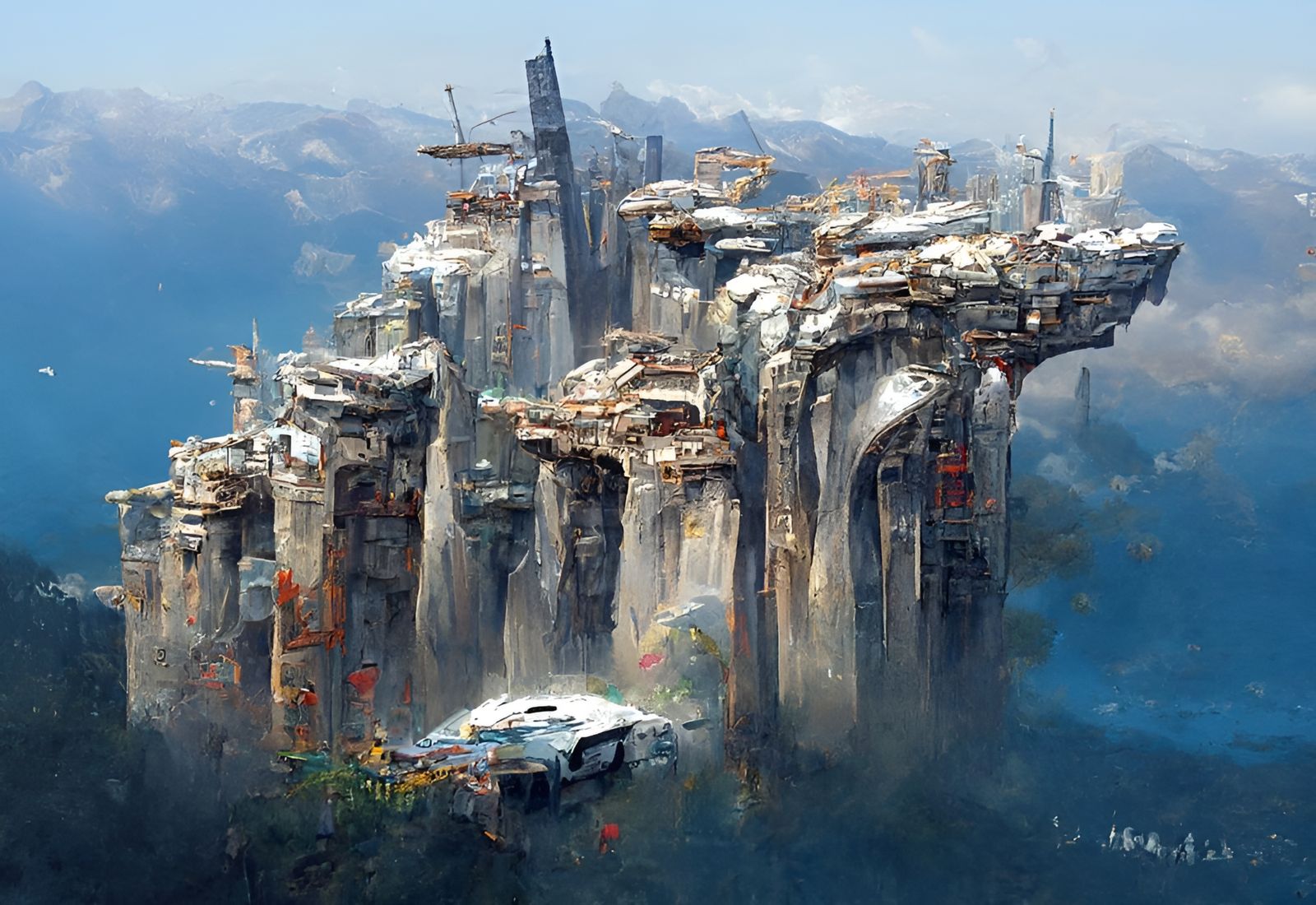 Futuristic civilisation rebuilding on apocalypse ruins
