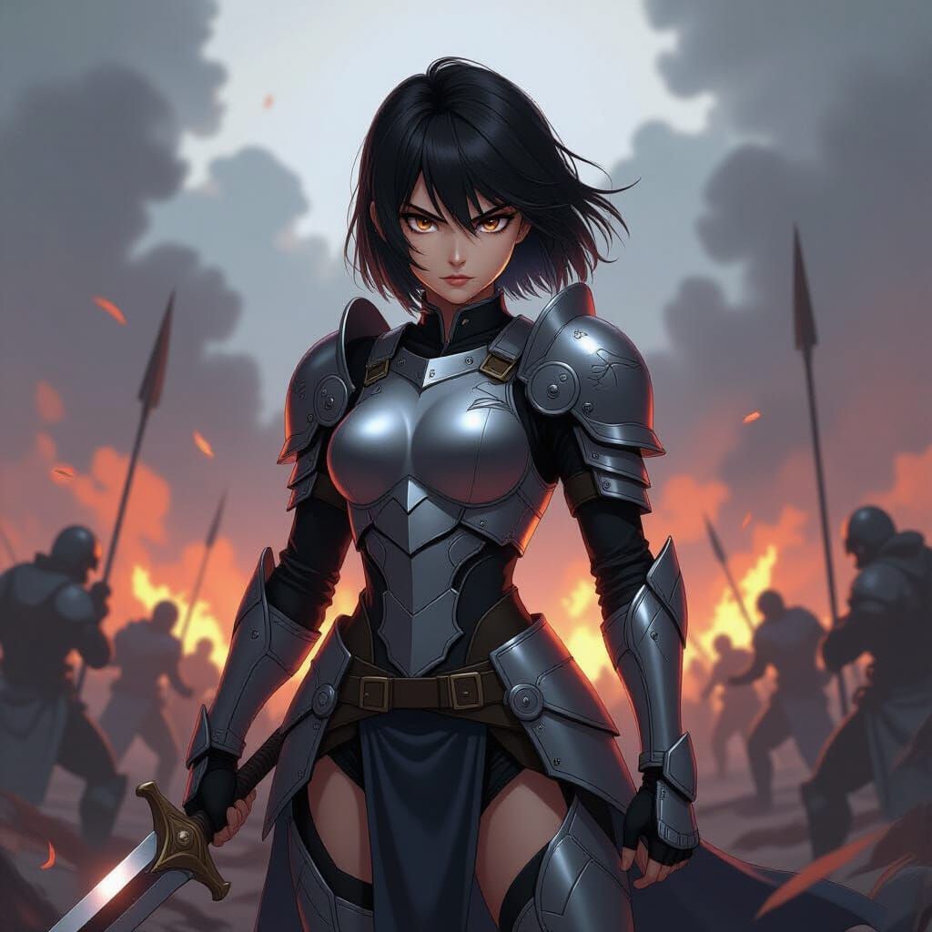 Anime Warrior on Battlefield in Ghibli Style