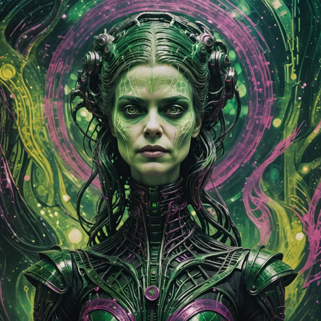 A woman bokeh H.R. Giger green and magenta movie poster ...