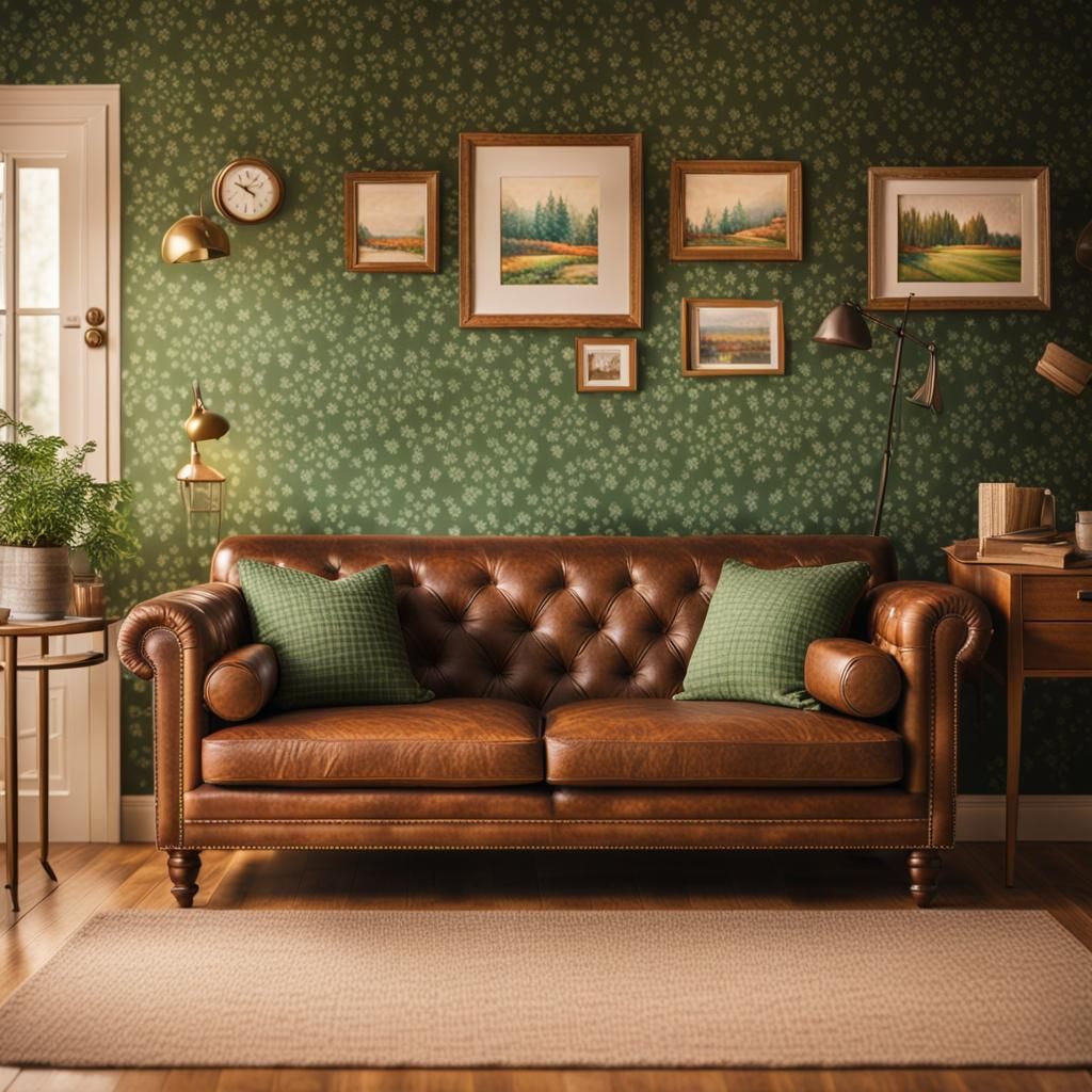 A working room in house, green color wallpaper, vintage styl...
