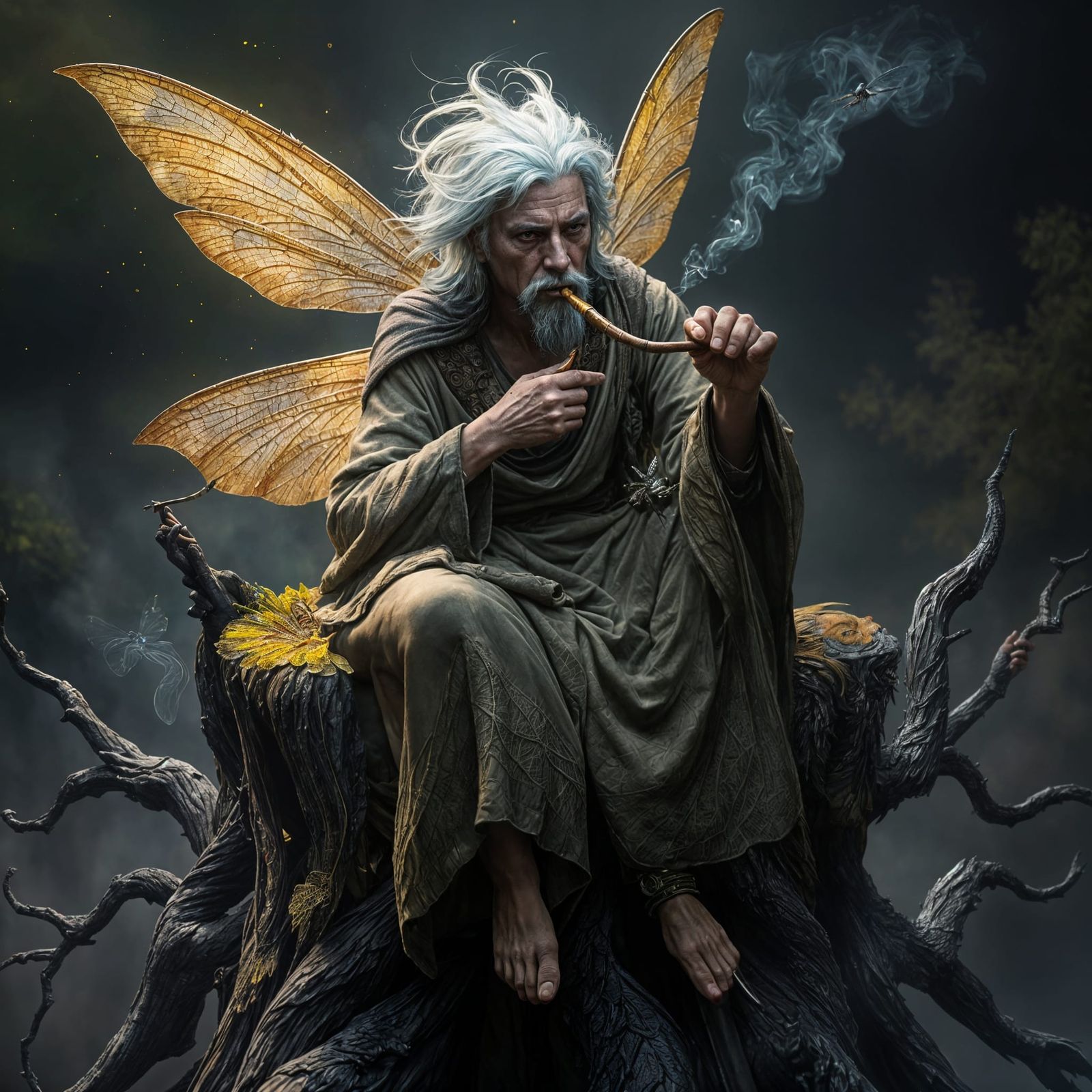Elder Male fairy smoking a pipe, dragonfly style wings.