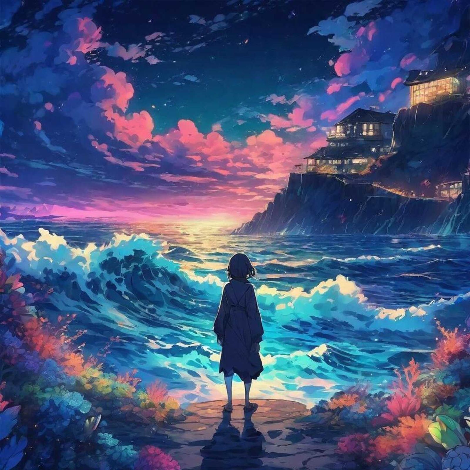 Anime Dreamscape of a girl on the beach during high waves