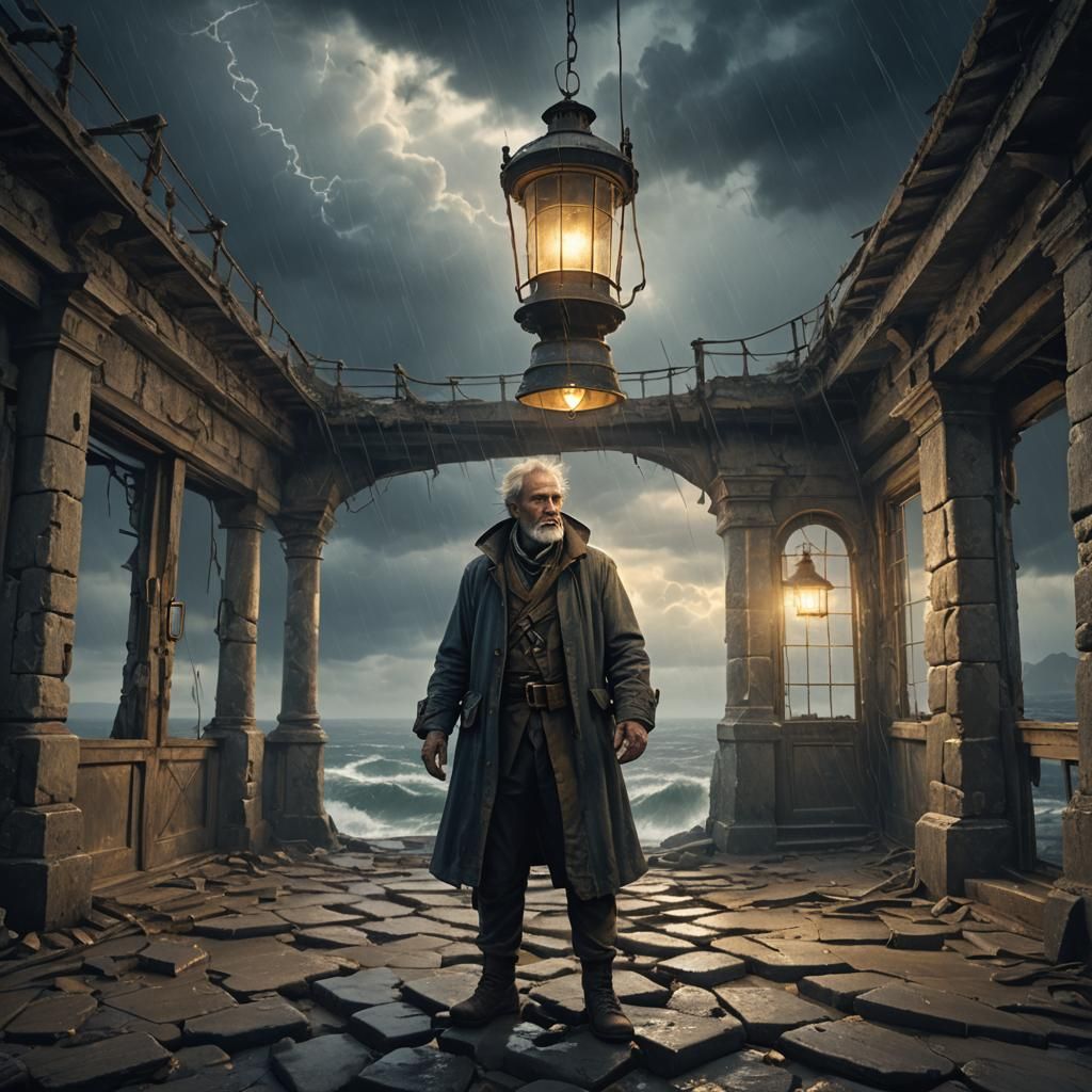 Lighthouse Keeper in Dark Fantasy Art Nouveau Style