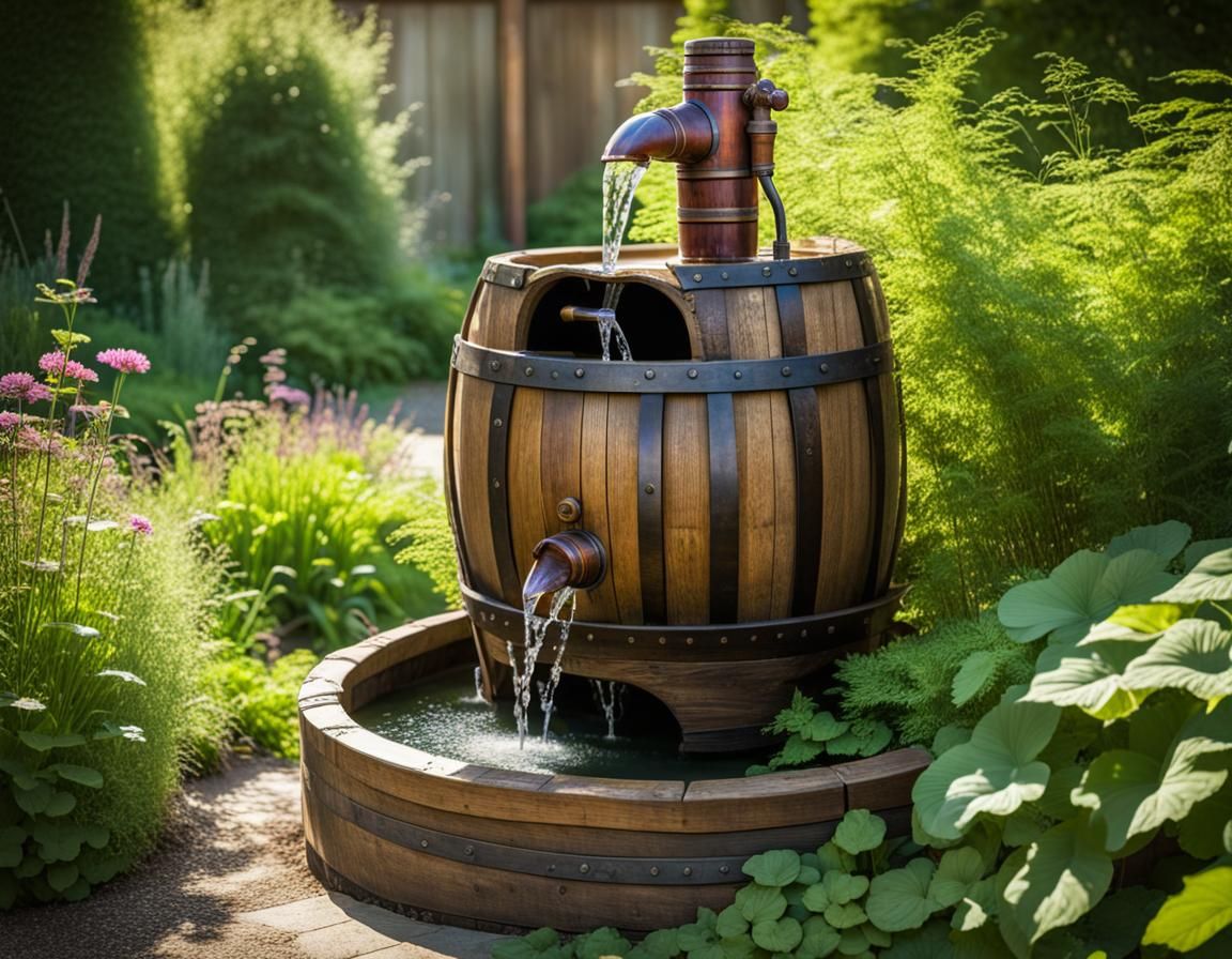 Steampunk wooden barrel style water fountain, hidden inside an ...